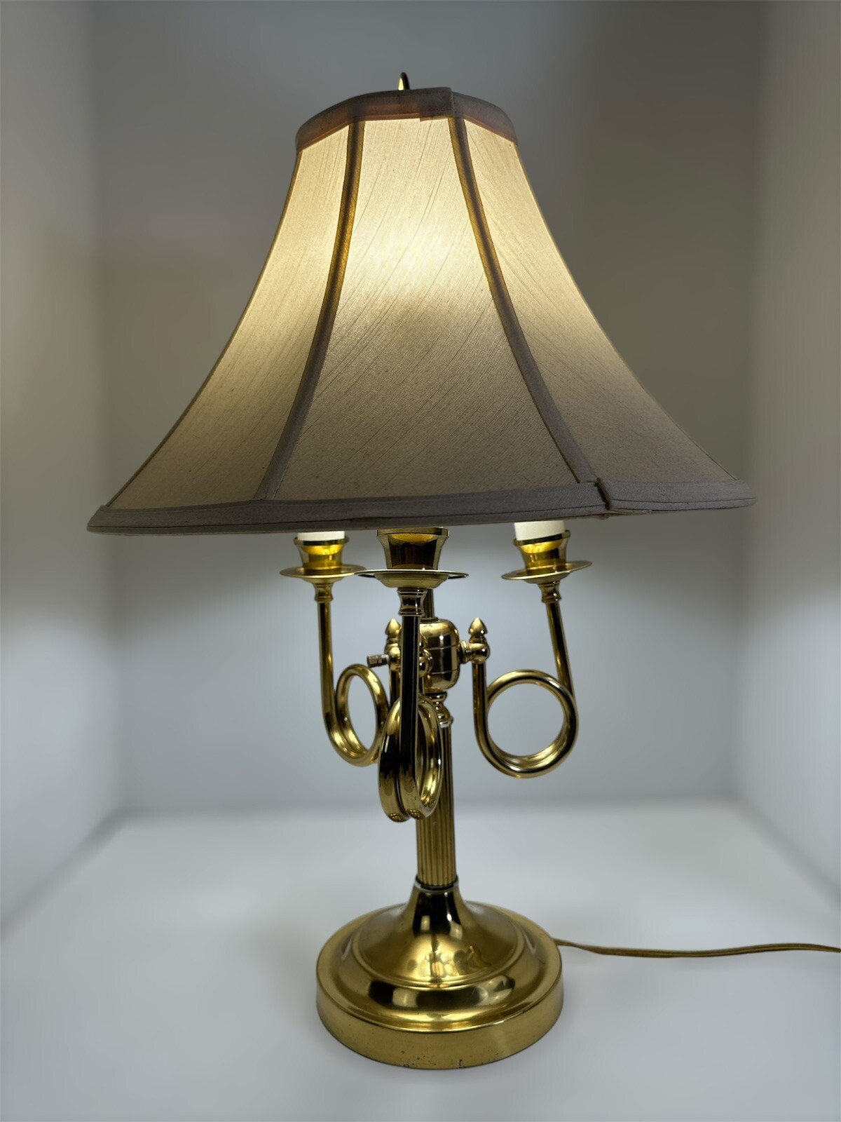 VTG ALSY 3 Arm Brass Plated French Horn Style Bouillotte Table Lamp NO Shade 22”