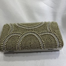 Vtg Silver Evening Purse/clurch Hard Shell Beaded Rhinestones No Chain 9"