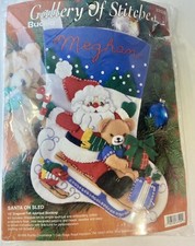 Vtg Bucilla Christmas "Santa on Sled" Felt Stocking 18" Craft Kit 33509 w/ Bear