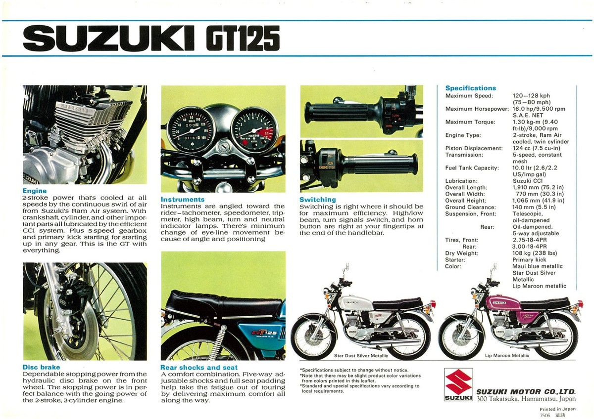 SUZUKI Brochure GT125 GT125A 1976 Sales Catalog REPRO | eBay
