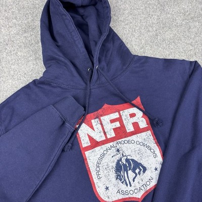 NFR Rodeo Hoodie Mens Medium Blue PRCA Western Cowboy Graphic Pullover USA Bull