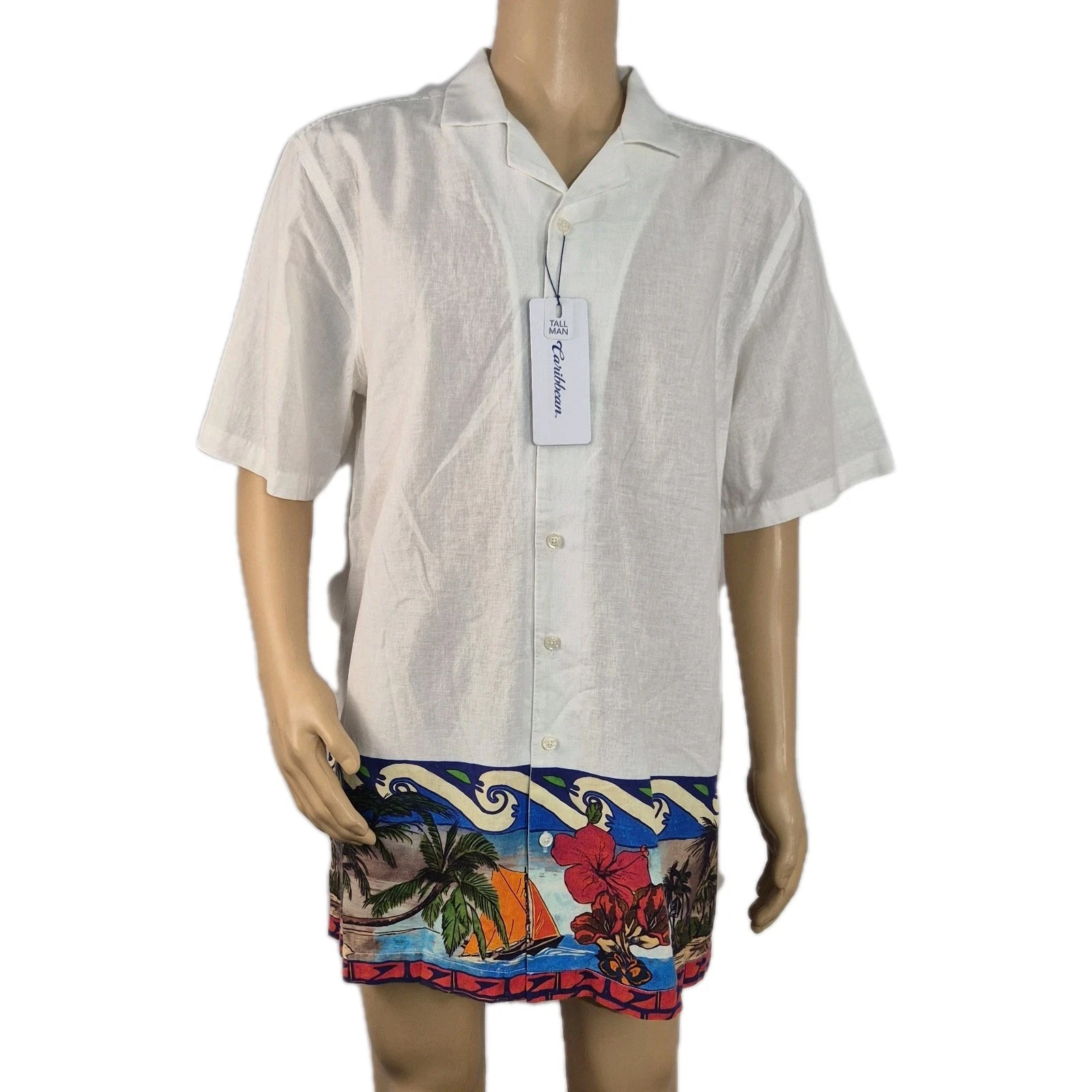 Caribbean Mens Shirt Size L Linen Blend Short Sleeve button Up White NWT 30