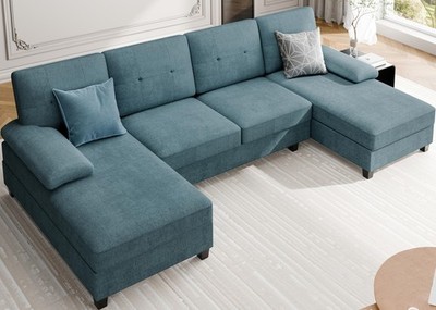 106 in U Shaped Sectional Sofa with Double Chaise 4 Seat Blue