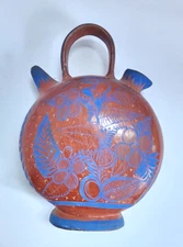 Unglazed Handmade Mexican double spouted flat water bottle with handle