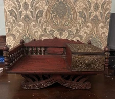 Small Wood Altar Table Or Jewelry Box , Very Ornate,with Drawer 15x7x9(Vintage)