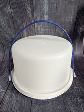 Tupperware Blue Handle Cake Carrier With Speckled Plate Bottom. 10"Round 6.75" H