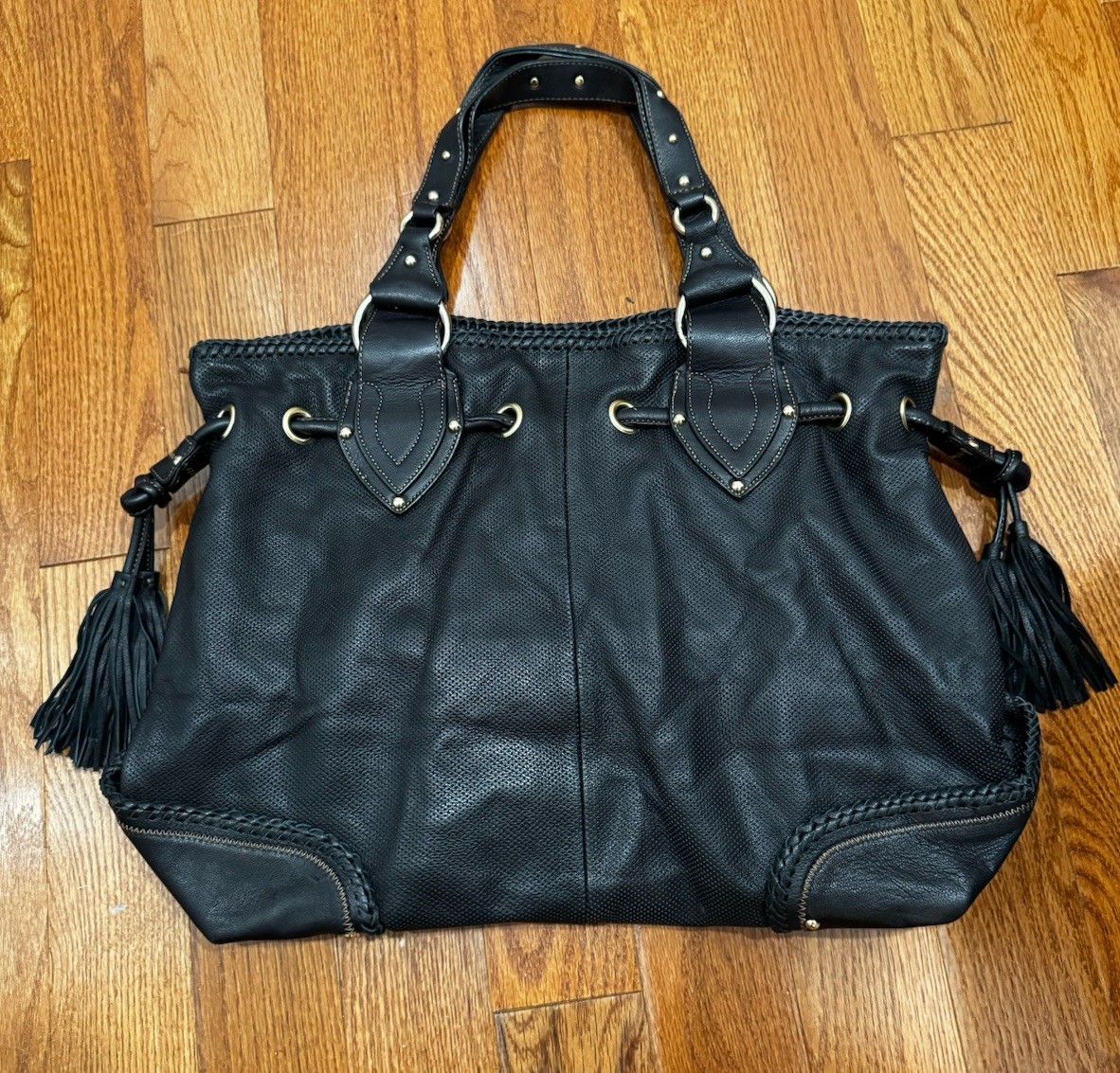 Kate Landry Black Leather Tote Bag Gold Tone Hardware Tassels