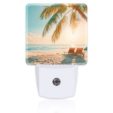 Beach and Sunset Night Light Plug into Wall Tropical Palm Tree and Ocean Dusk...