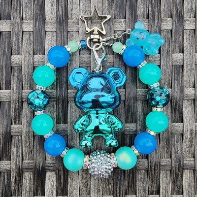 Beaded Keychain, Bag Charm, Purse Charm, Bag Clip Bear Brick XX (Green/Blue)