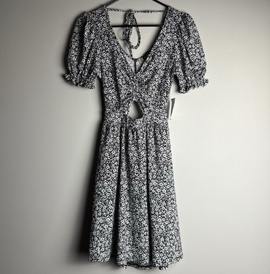 Crystal Doll Black & White Floral V-Neck Puff Sleeve Keyhole Midi Dress - S