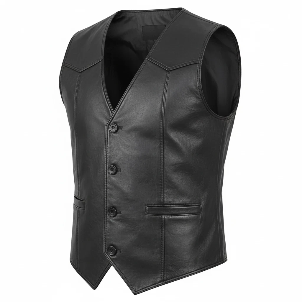 Men's Genuine Sheep Leather Vest Slim Fit Biker Waistcoat Button Front Motorcycl