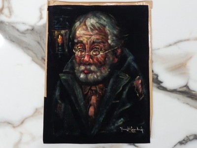 1970'S ARTIST SIGNED BLACK VELVET PAINTING ''ELDERLY MAN WITH GLASSES & LANTERN''