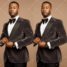 Dark Grey Men's Suit Velvet Peak Lapel 2Pcs Prom Wedding Bridal Tuxedo Jacket