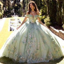 Green Quinceneara Dress Off Shoulder Bow Lace Appliques Sweet 16 Party Ball Gown