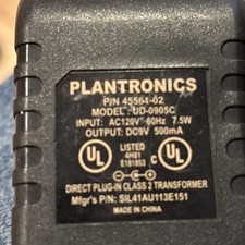 Plantronics P/N 45561-02 Model UD0905C Direct Plug-In Class 2 Transformer EUC