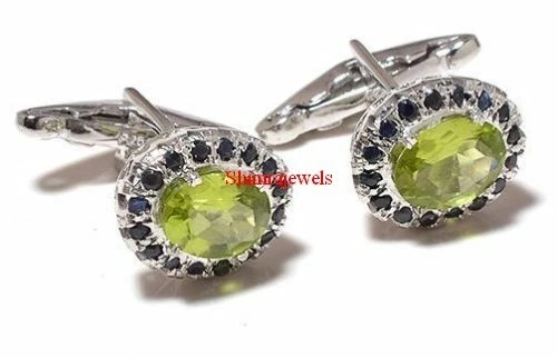 Natural Peridot & Heated Sapphire With White Gold Plated Silver Cufflinks #10 - Image 2 of 4