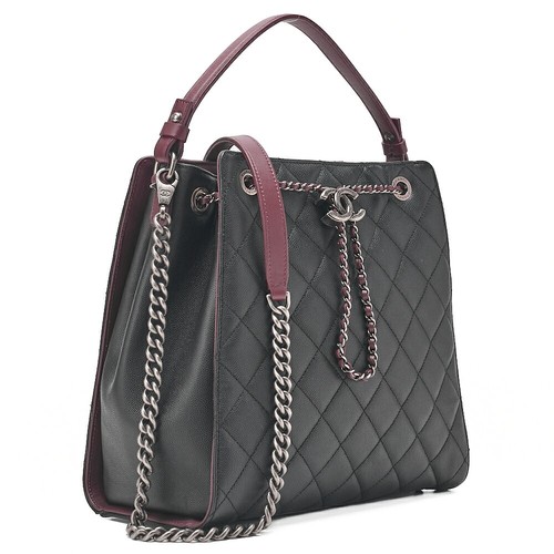 CHANEL 2 Way Chain Shoulder Bag Matelasse Drawstring Coco Charm Black x Bordeaux - Picture 3 of 10