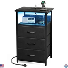 Fixwal LED Nightstand with Charging Station - Black Table, USB Ports, 3 Drawers