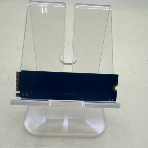Black Kingston M.2 NVMe SSD with white text label, displayed on clear stand against plain background.