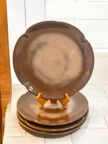 Frankoma Pottery Plainsman Prairie Brown 10” Dinner Plates 5F Scalloped Set of 4