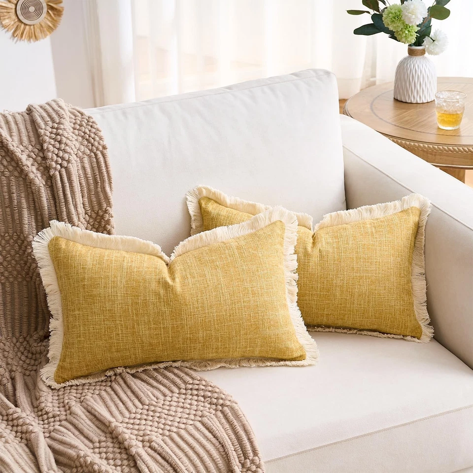 2-Pack Boho Lumbar Pillow Covers 12x20", Mustard Yellow, Fringe Tassels - Image 2 of 4