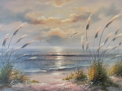 Vtg Beach Seascape Sunset Original Oil Painting Sea Oats Coastal Signed 20x16