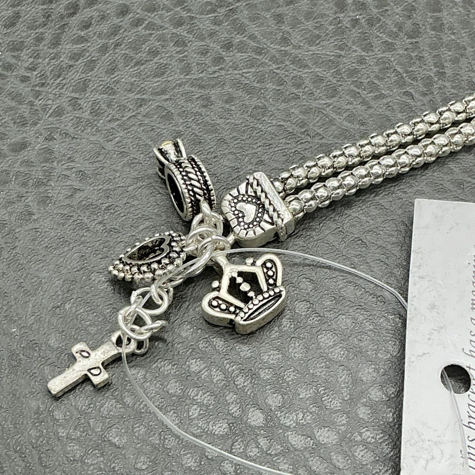 Pulsera Premier Designs Tono Plata Multi Hilo Dije Mujer Cruz Corazón Corona Foto 2 de 4