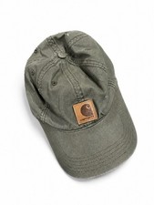 Carhartt Olive Green Canvas Baseball Cap Hat Adjustable Leather Logo Patch OSFA