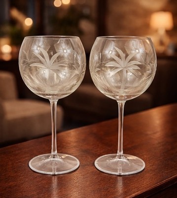 VTG ROYAL DANUBE Balloon Wine Glasses Hand Etched Crystal Palm Tree Amber Luster