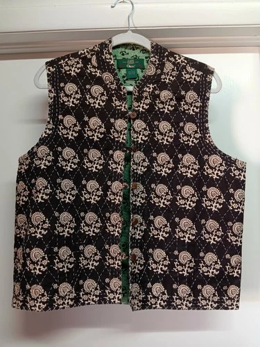 Orvis Womens Sz Large Vest Brown Green Print Stitching Loop Button