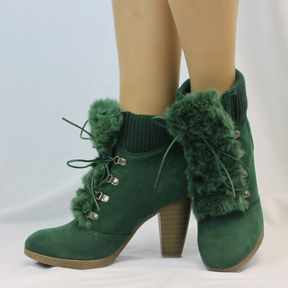 SAINT GALANT Women's Comfort Ankle Shoes Fur Tongue Block Heel Green Boots Size UK 3 / 973