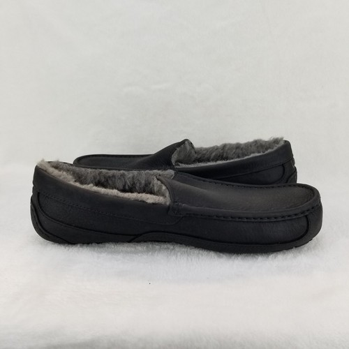 UGG Ascot Black Leather Gray Sheepskin Lined Moc Toe Slippers Men’s 13 Comfort - Picture 11 of 12