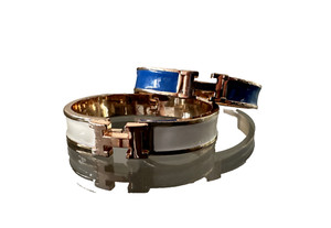 Authentic Hermes Paris Rose Gold Plated Clic H Bracelets - Blue and White, Pre Owned