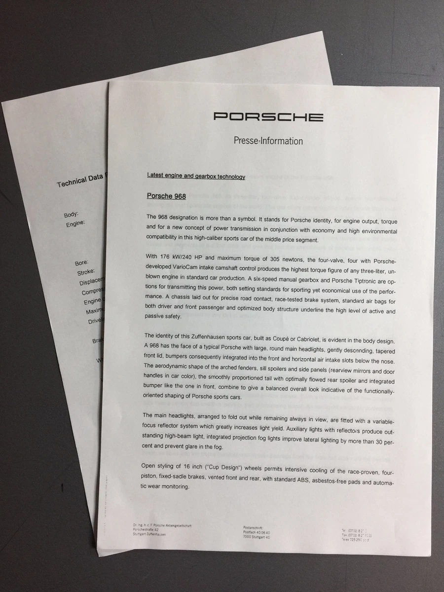 1993 Porsche 968 Factory issued Press Release Press Kit RARE!! Awesome L@@K  | eBay