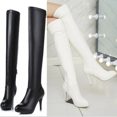 Womens Faux Leather Pointy Toe High Stilettos Sexy Party Over Knee Thigh Boots