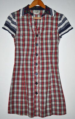 Malhas Doce De Coco Sz M Button Down Plaid Dress Multicolor Cotton Short Sleeves