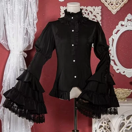 Blusa de encaje gótico para mujer manga larga lolita gótica cuello alto camisa top - Imagen 11 de 16