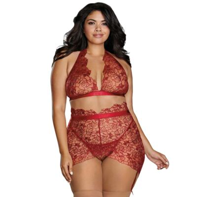 Dreamgirl Queen Size Straps BH-Set XL 2XL 3XL Rot Neckholder Spitze Dessous ''X9