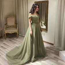 Mint Green Tulle Women Prom Dresses Sequin Off The Shoulder Pleated Formal HOT