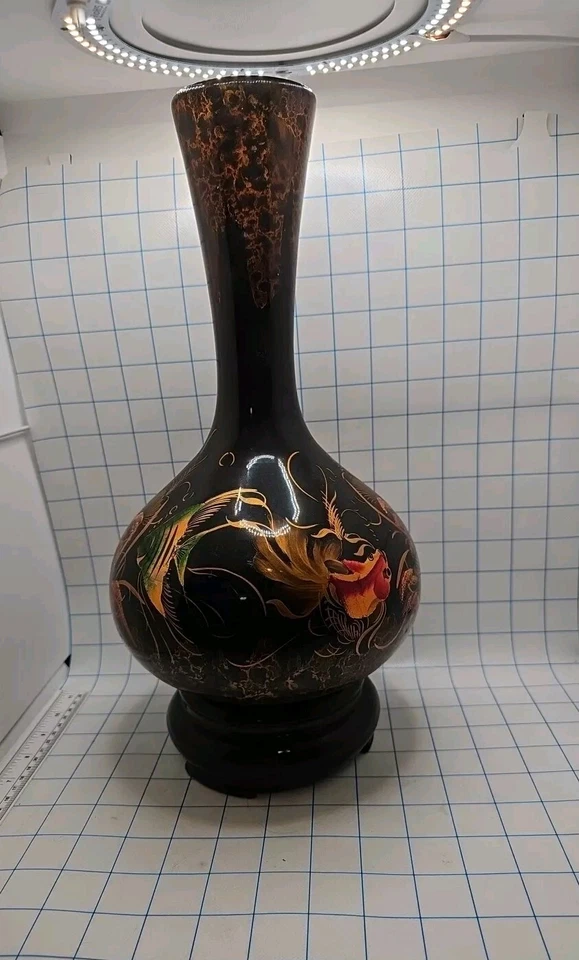Jarrón grande vintage pintado a mano de laca vietnamita pieza llamativa  Foto 3 de 4