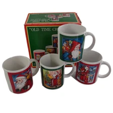 Vintage Artmark Old Time Christmas Mugs Cups Set 4 Ceramic Santa Claus St Nick