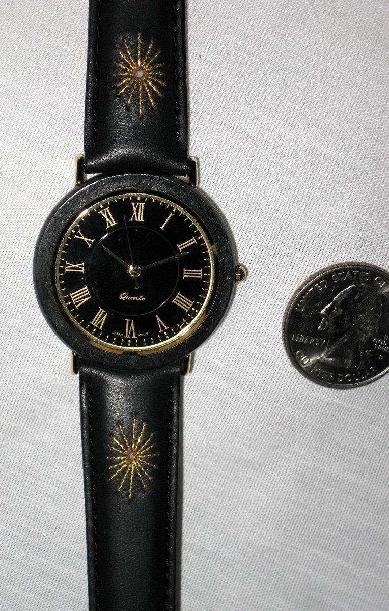 BLACK GOLD FASHION WATCH ROMAN NUMERALS GOLDTONE ACCENTS