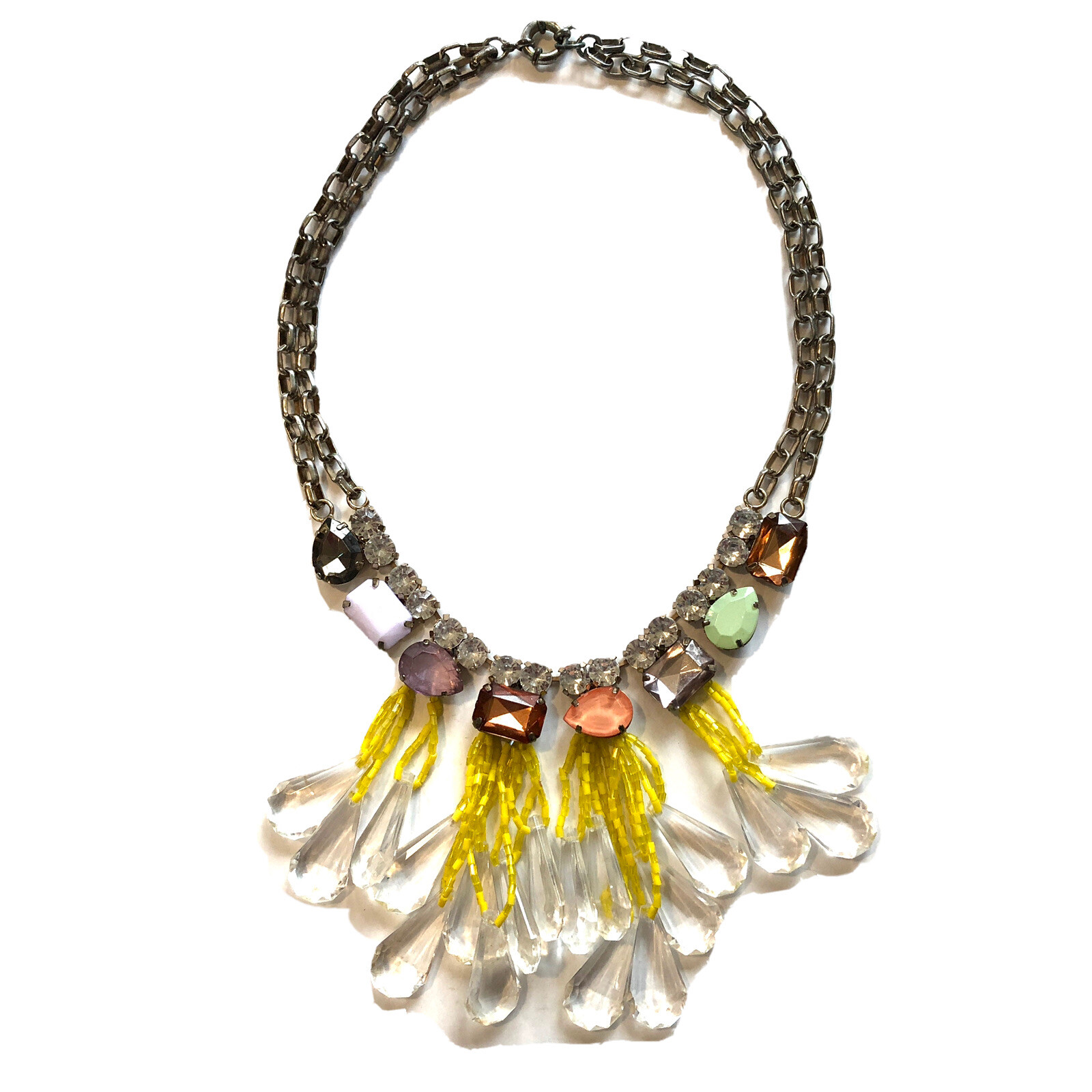 Statement Necklace Silver Chains Rhinestones Bead… - image 1