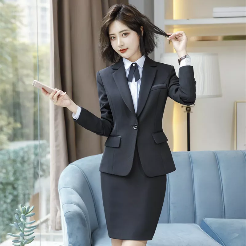 New Female Uniform Business Suits with Skirt Elegant Slim Office Work Wear  black