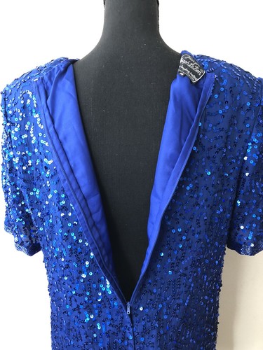 Vintage '80s Joseph Le Bon Royal Blue Sequined & Beaded Tunic Top Cutout L/XL - Picture 11 of 12