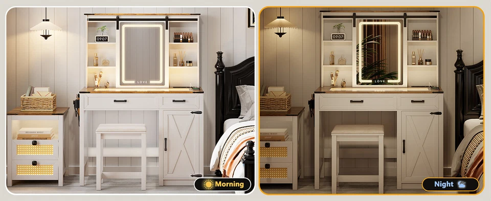 Mesa de tocador con estación de carga con tapa de vidrio con cajones y estantes Foto 2 de 4