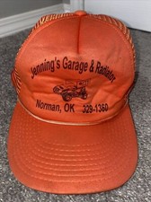 Vtg 1980s Jenning  s Garage Outlaw Dirt Track Racing Mesh Trucker Hat Cap Orange