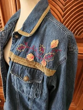 Size XL REBECCA MALONE Blue Jean Jacket Top Button Up Leaves Velvet Trim