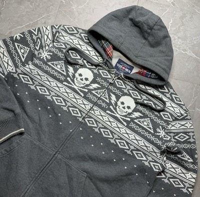Vintage Y2K Ecko Unltd Skulls Pattern Full Zip Grey Hoodie 2XL Plaid Hood