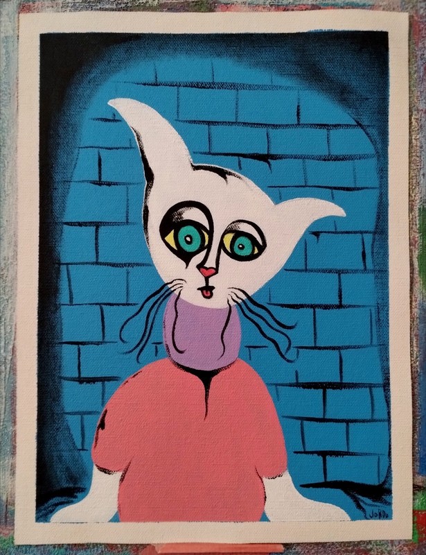 SILLY CAT BLUE POP EXPRESSIONISM PAINTING ON LOOSE CANVAS..9 X 12 BY: JORDO